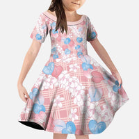 Anthurium Plumeria Lei Pastel Family Matching Off Shoulder Short Dress and Hawaiian Shirt Pink Hawaiian Splendid Palaka LT01 Daughter's Dress Pink - Polynesian Pride