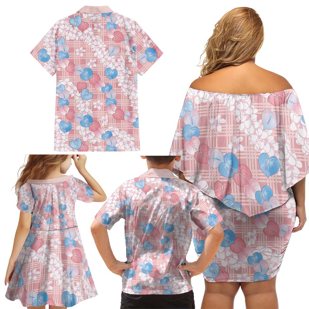 Anthurium Plumeria Lei Pastel Family Matching Off Shoulder Short Dress and Hawaiian Shirt Pink Hawaiian Splendid Palaka LT01 - Polynesian Pride