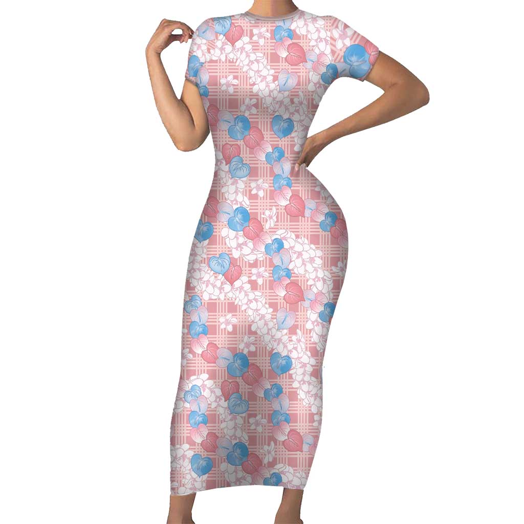 Anthurium Plumeria Lei Pastel Family Matching Short Sleeve Bodycon Dress and Hawaiian Shirt Pink Hawaiian Splendid Palaka LT01 Mom's Dress Pink - Polynesian Pride