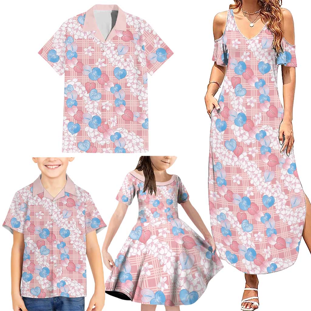 Anthurium Plumeria Lei Pastel Family Matching Summer Maxi Dress and Hawaiian Shirt Pink Hawaiian Splendid Palaka LT01 - Polynesian Pride