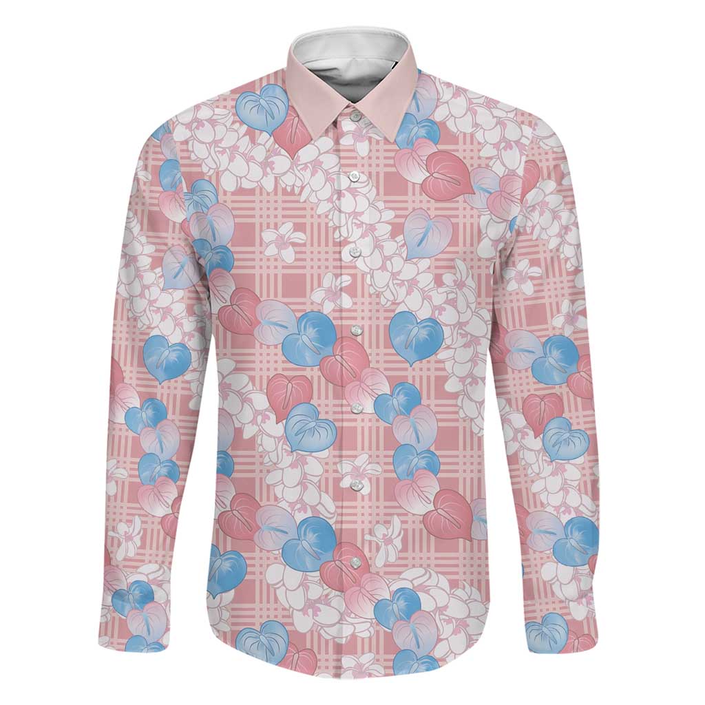 Anthurium Plumeria Lei Pastel Family Matching Tank Maxi Dress and Hawaiian Shirt Pink Hawaiian Splendid Palaka LT01 Dad's Shirt - Long Sleeve Pink - Polynesian Pride