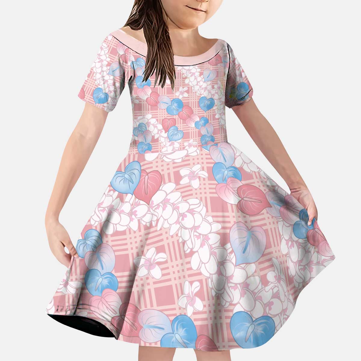 Anthurium Plumeria Lei Pastel Kid Short Sleeve Dress Pink Hawaiian Splendid Palaka