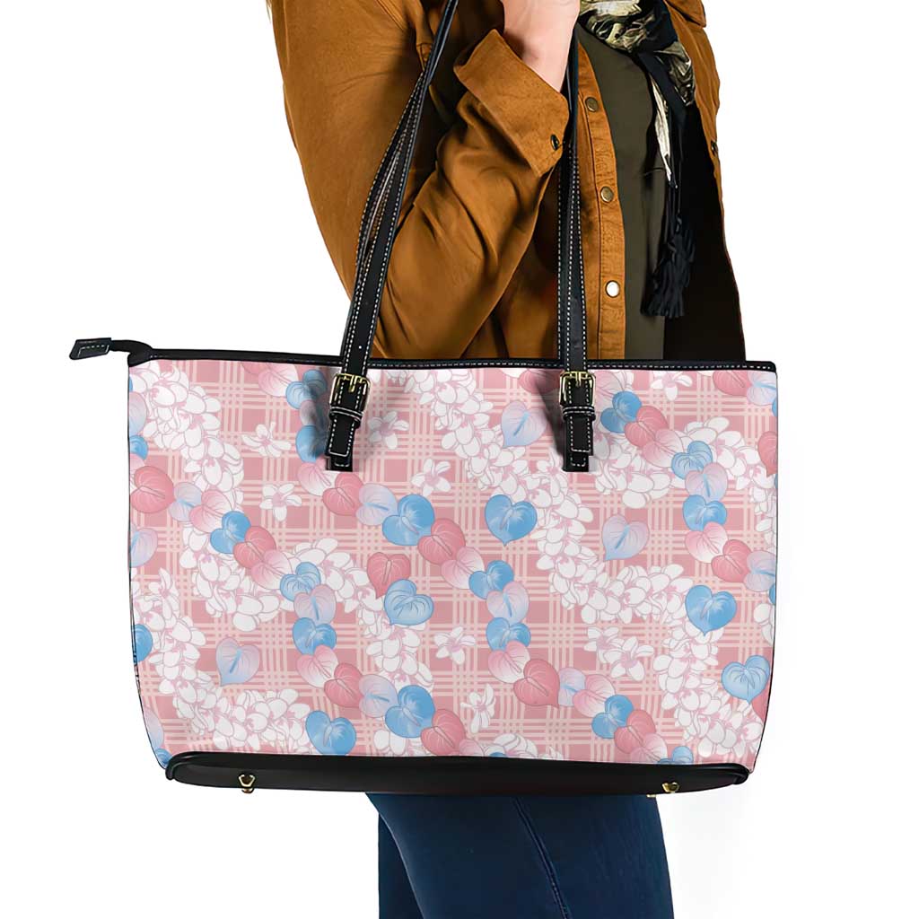 Anthurium Plumeria Lei Pastel Leather Tote Bag Pink Hawaiian Splendid Palaka