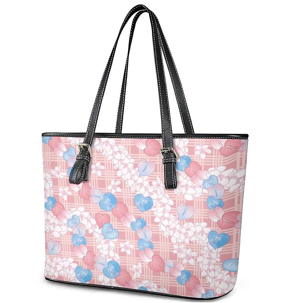Anthurium Plumeria Lei Pastel Leather Tote Bag Pink Hawaiian Splendid Palaka