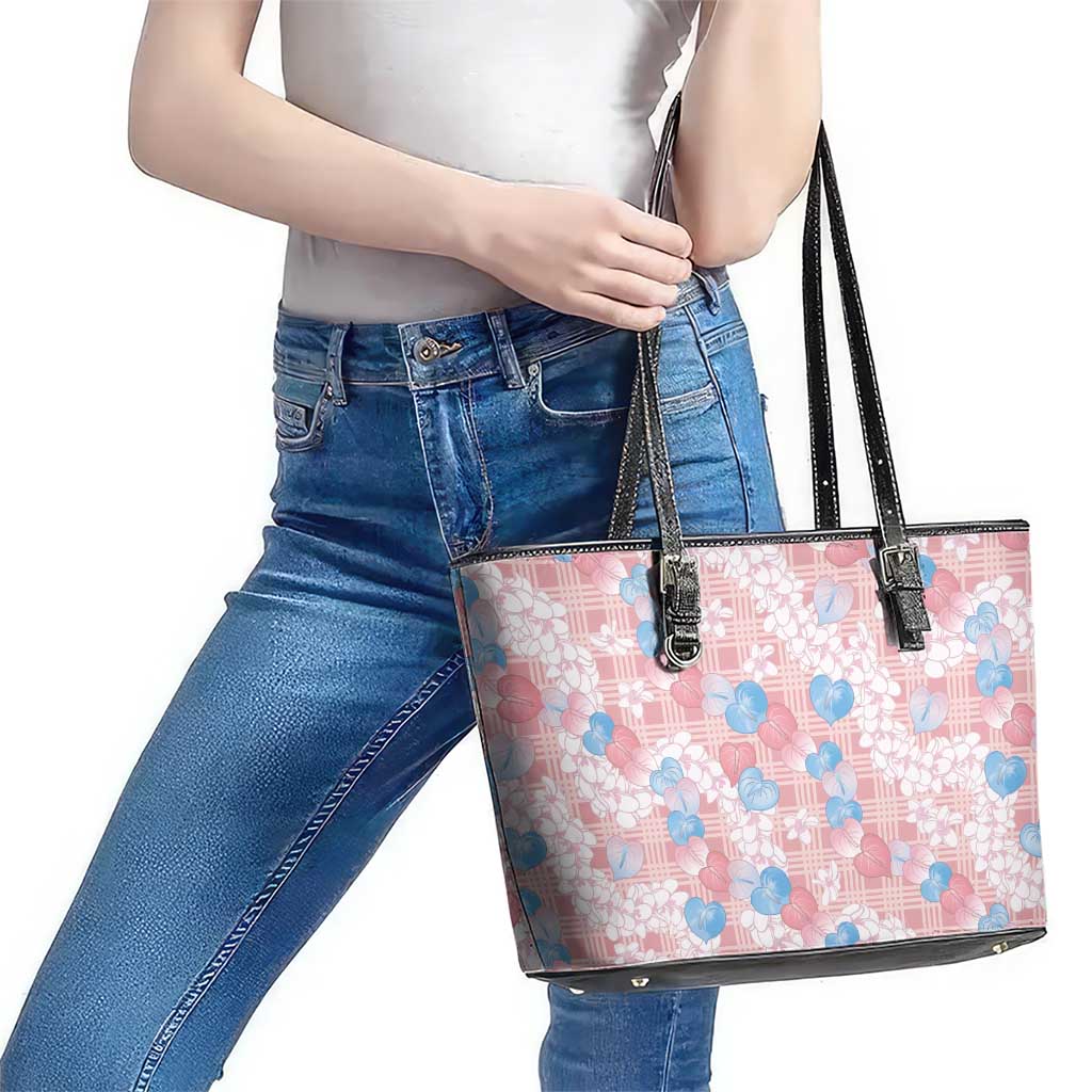 Anthurium Plumeria Lei Pastel Leather Tote Bag Pink Hawaiian Splendid Palaka