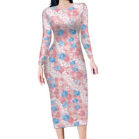 Anthurium Plumeria Lei Pastel Long Sleeve Bodycon Dress Pink Hawaiian Splendid Palaka