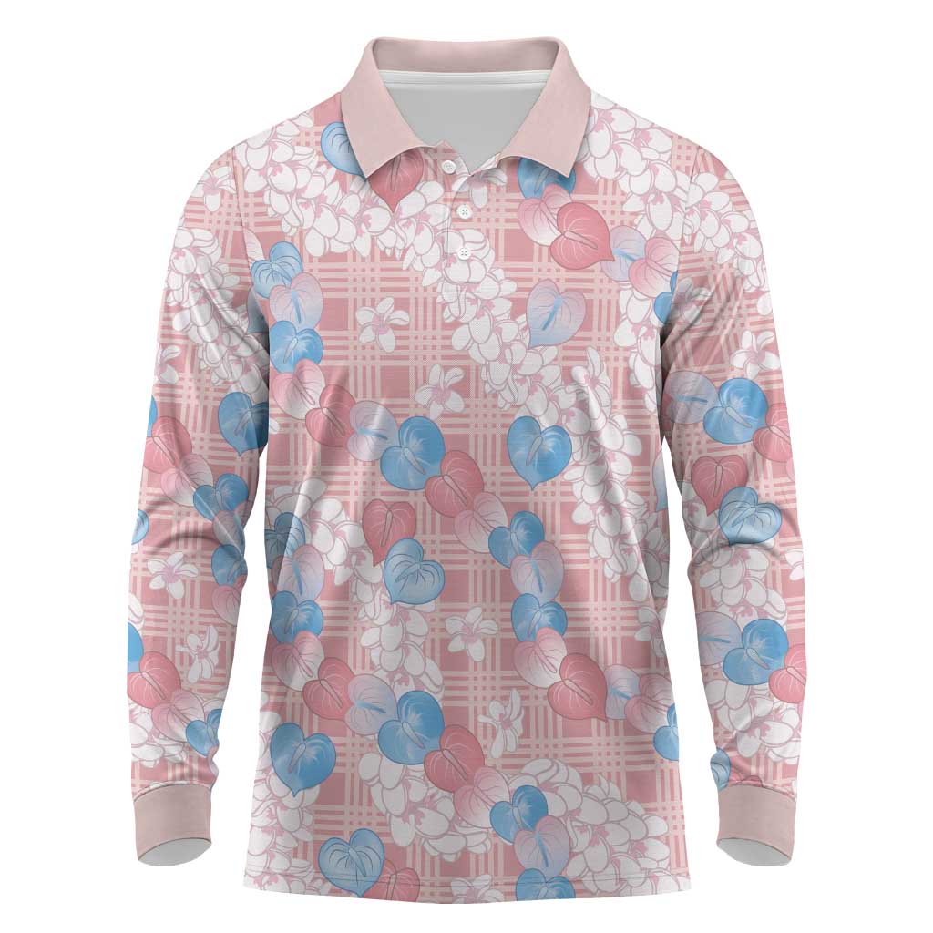 Anthurium Plumeria Lei Pastel Long Sleeve Polo Shirt Pink Hawaiian Splendid Palaka