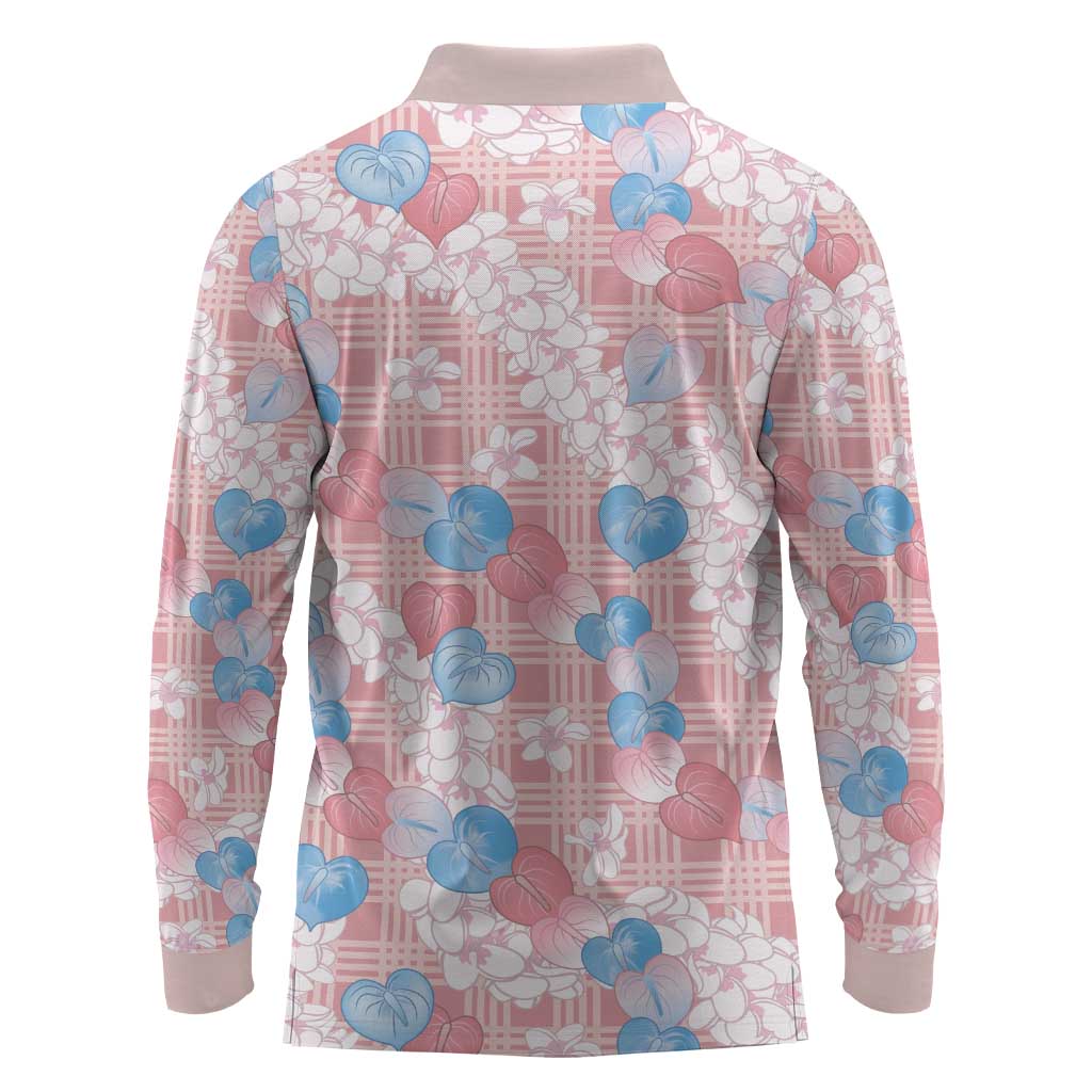 Anthurium Plumeria Lei Pastel Long Sleeve Polo Shirt Pink Hawaiian Splendid Palaka
