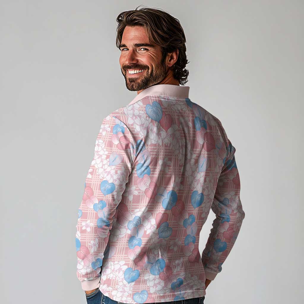 Anthurium Plumeria Lei Pastel Long Sleeve Polo Shirt Pink Hawaiian Splendid Palaka