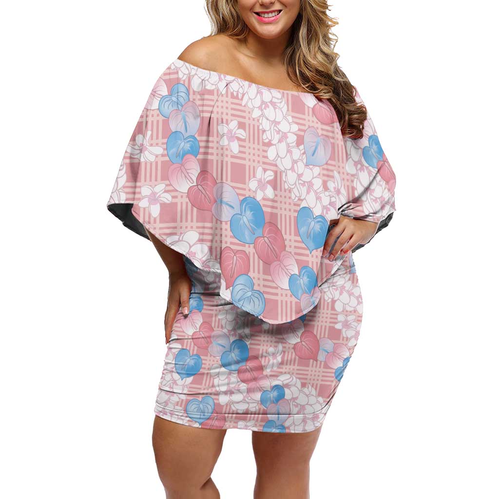 Anthurium Plumeria Lei Pastel Off Shoulder Short Dress Pink Hawaiian Splendid Palaka LT01 Women Pink - Polynesian Pride