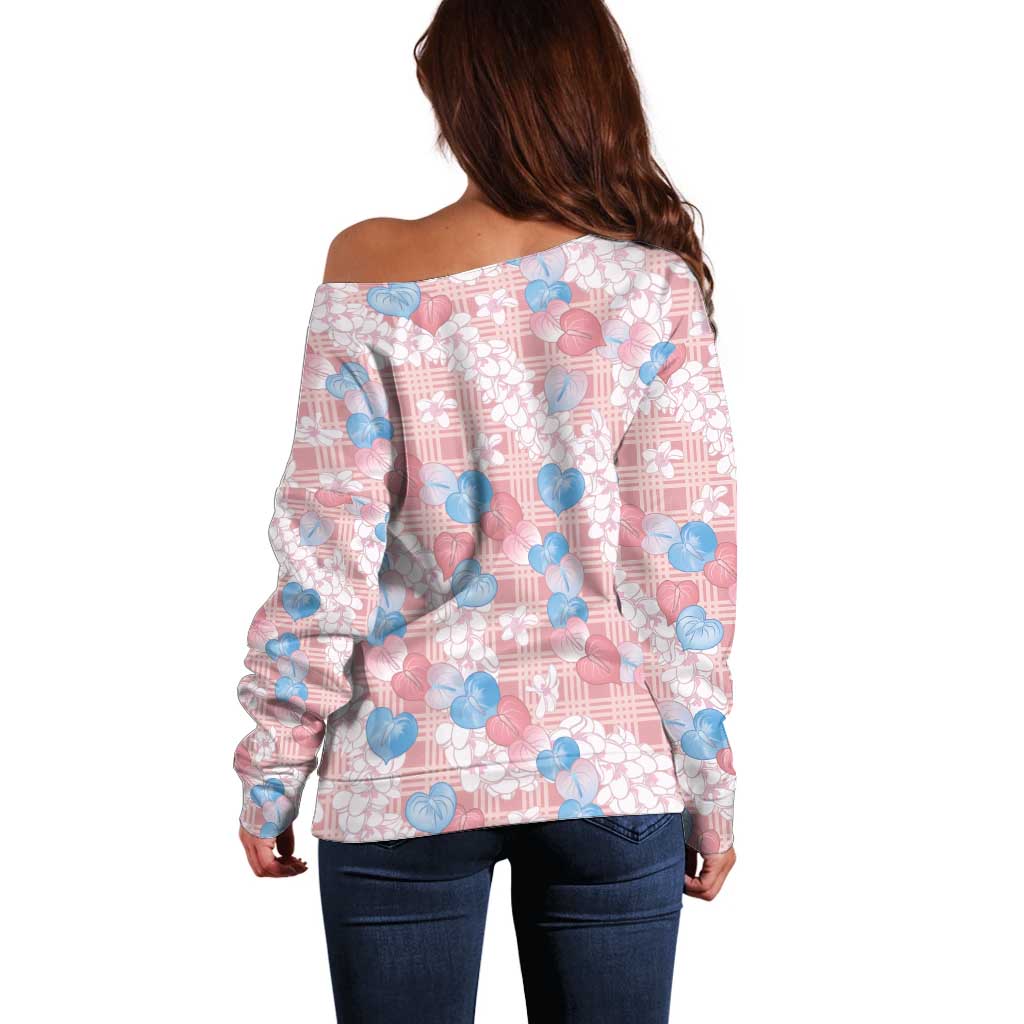 Anthurium Plumeria Lei Pastel Off Shoulder Sweater Pink Hawaiian Splendid Palaka