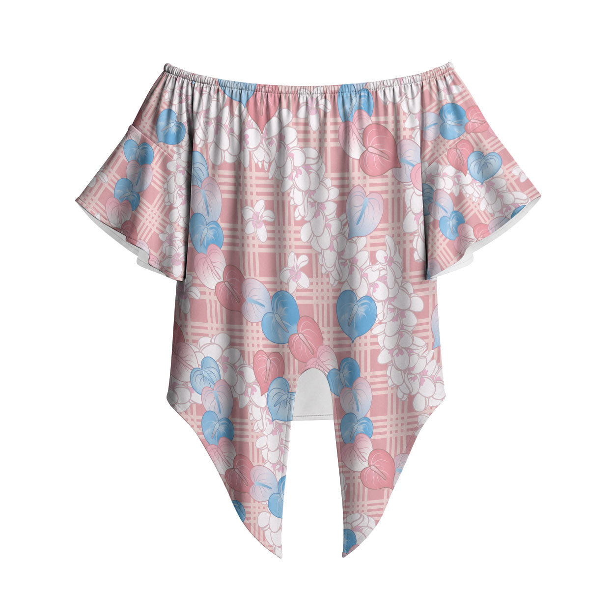 Anthurium Plumeria Lei Pastel Off Shoulder Wrap Waist Top Pink Hawaiian Splendid Palaka LT01 Pink - Polynesian Pride