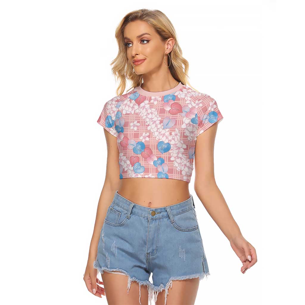 Anthurium Plumeria Lei Pastel Raglan Cropped T Shirt Pink Hawaiian Splendid Palaka