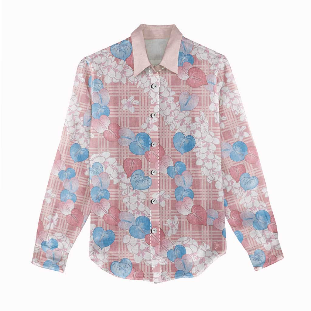 Anthurium Plumeria Lei Pastel Women Casual Shirt Pink Hawaiian Splendid Palaka LT01 - Polynesian Pride