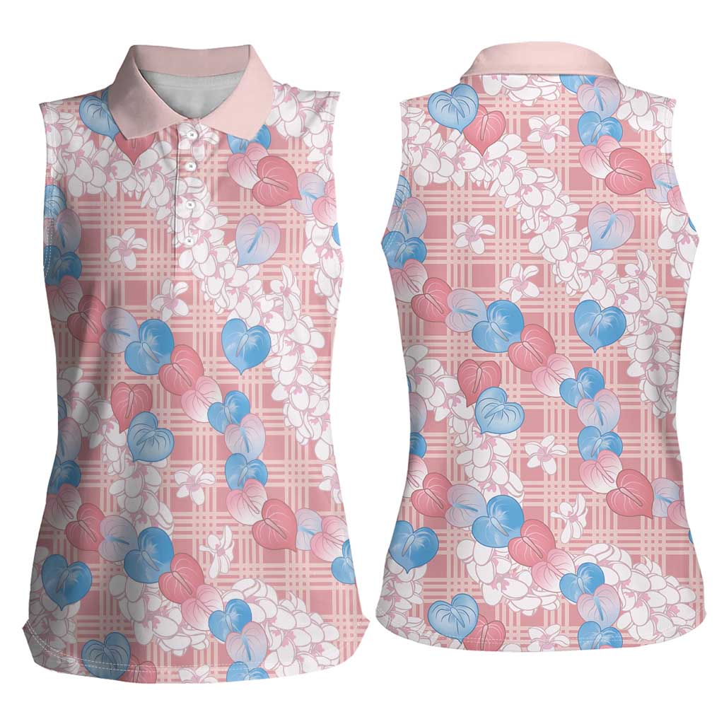 Anthurium Plumeria Lei Pastel Women Sleeveless Polo Shirt Pink Hawaiian Splendid Palaka LT01 - Polynesian Pride