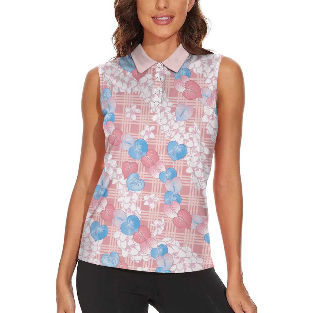 Anthurium Plumeria Lei Pastel Women Sleeveless Polo Shirt Pink Hawaiian Splendid Palaka LT01 - Polynesian Pride