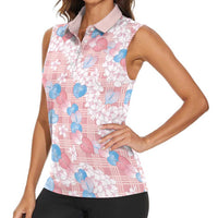 Anthurium Plumeria Lei Pastel Women Sleeveless Polo Shirt Pink Hawaiian Splendid Palaka LT01 - Polynesian Pride