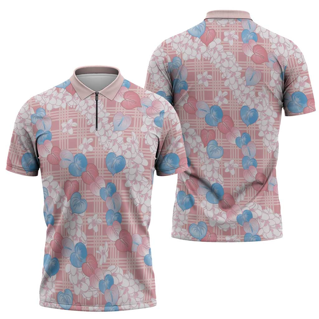 Anthurium Plumeria Lei Pastel Zipper Polo Shirt Pink Hawaiian Splendid Palaka