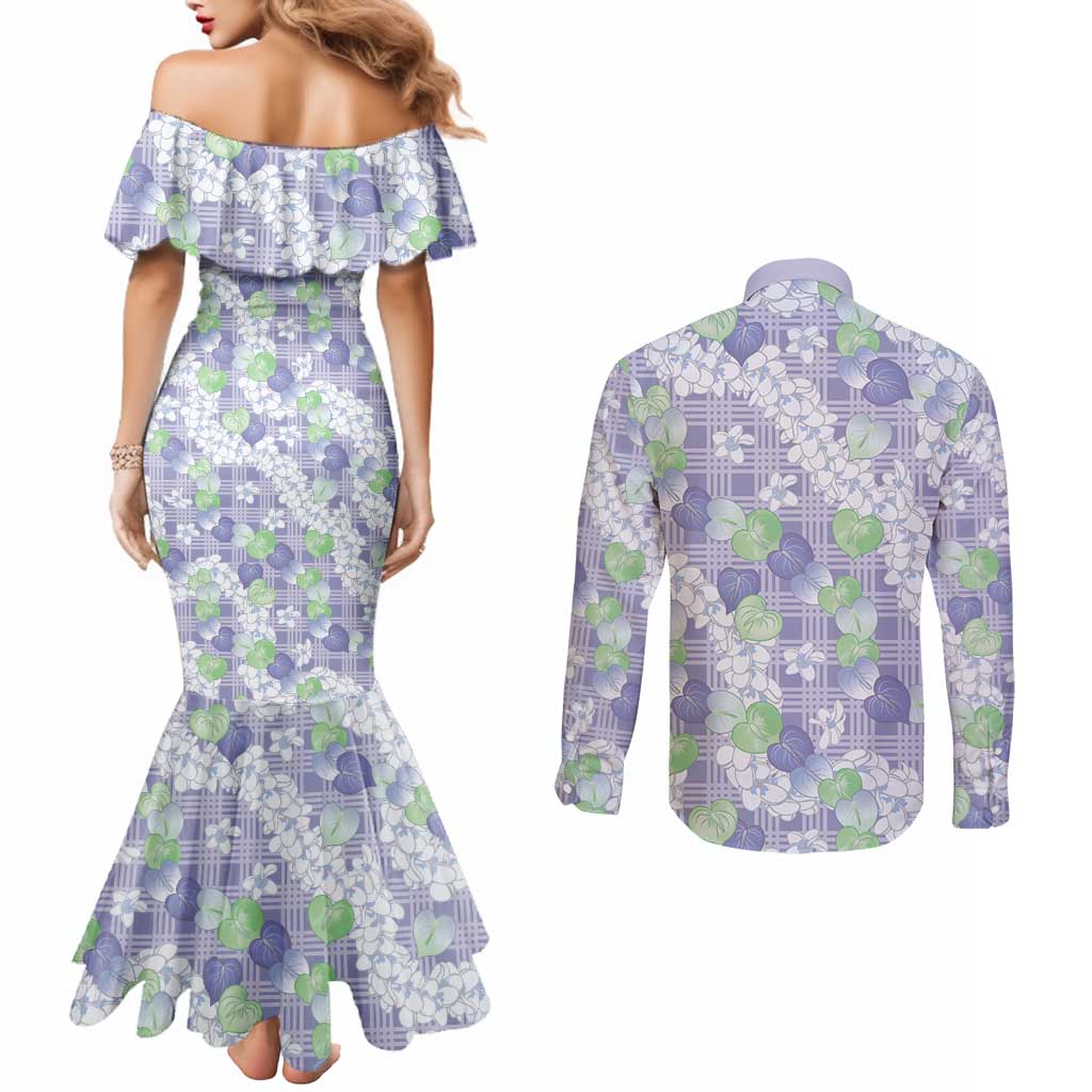 Anthurium Plumeria Lei Pastel Couples Matching Mermaid Dress and Long Sleeve Button Shirt Purple Hawaiian Splendid Palaka LT01 - Polynesian Pride