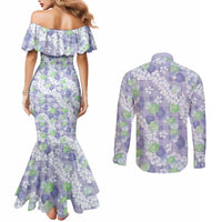 Anthurium Plumeria Lei Pastel Couples Matching Mermaid Dress and Long Sleeve Button Shirt Purple Hawaiian Splendid Palaka LT01 - Polynesian Pride