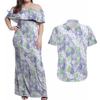 Anthurium Plumeria Lei Pastel Couples Matching Off Shoulder Maxi Dress and Hawaiian Shirt Purple Hawaiian Splendid Palaka LT01 Purple - Polynesian Pride