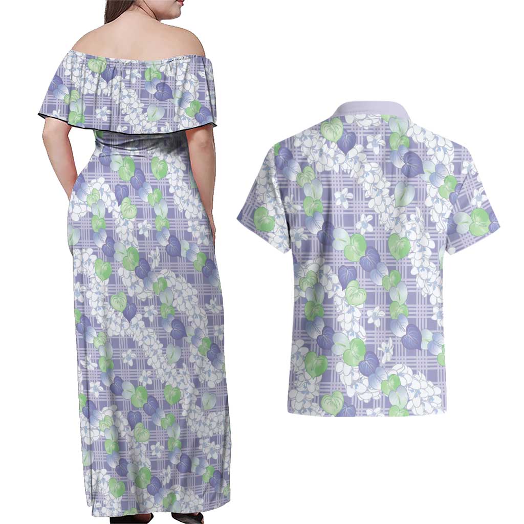 Anthurium Plumeria Lei Pastel Couples Matching Off Shoulder Maxi Dress and Hawaiian Shirt Purple Hawaiian Splendid Palaka LT01 - Polynesian Pride