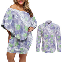 Anthurium Plumeria Lei Pastel Couples Matching Off Shoulder Short Dress and Long Sleeve Button Shirt Purple Hawaiian Splendid Palaka LT01 Purple - Polynesian Pride