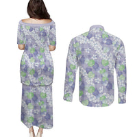 Anthurium Plumeria Lei Pastel Couples Matching Puletasi and Long Sleeve Button Shirt Purple Hawaiian Splendid Palaka LT01 - Polynesian Pride