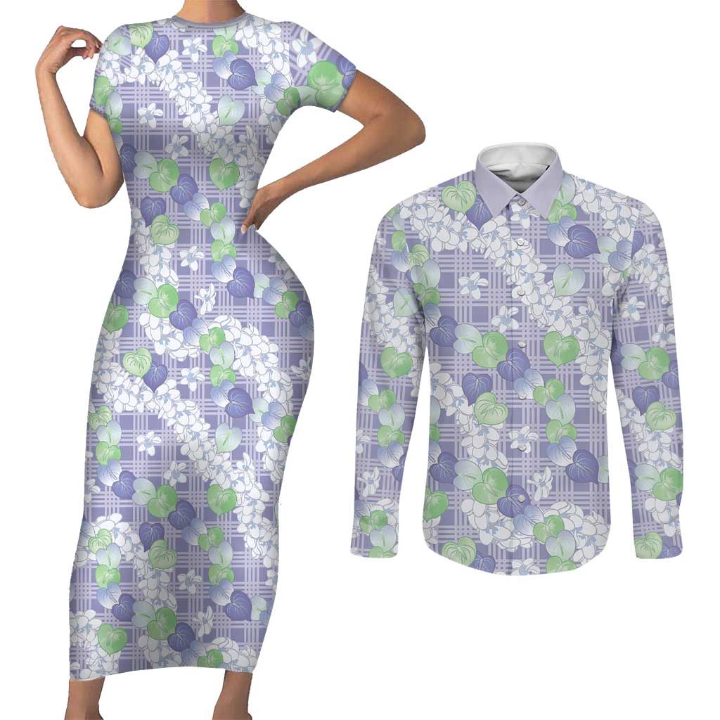 Anthurium Plumeria Lei Pastel Couples Matching Short Sleeve Bodycon Dress and Long Sleeve Button Shirt Purple Hawaiian Splendid Palaka LT01 Purple - Polynesian Pride