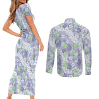 Anthurium Plumeria Lei Pastel Couples Matching Short Sleeve Bodycon Dress and Long Sleeve Button Shirt Purple Hawaiian Splendid Palaka LT01 - Polynesian Pride