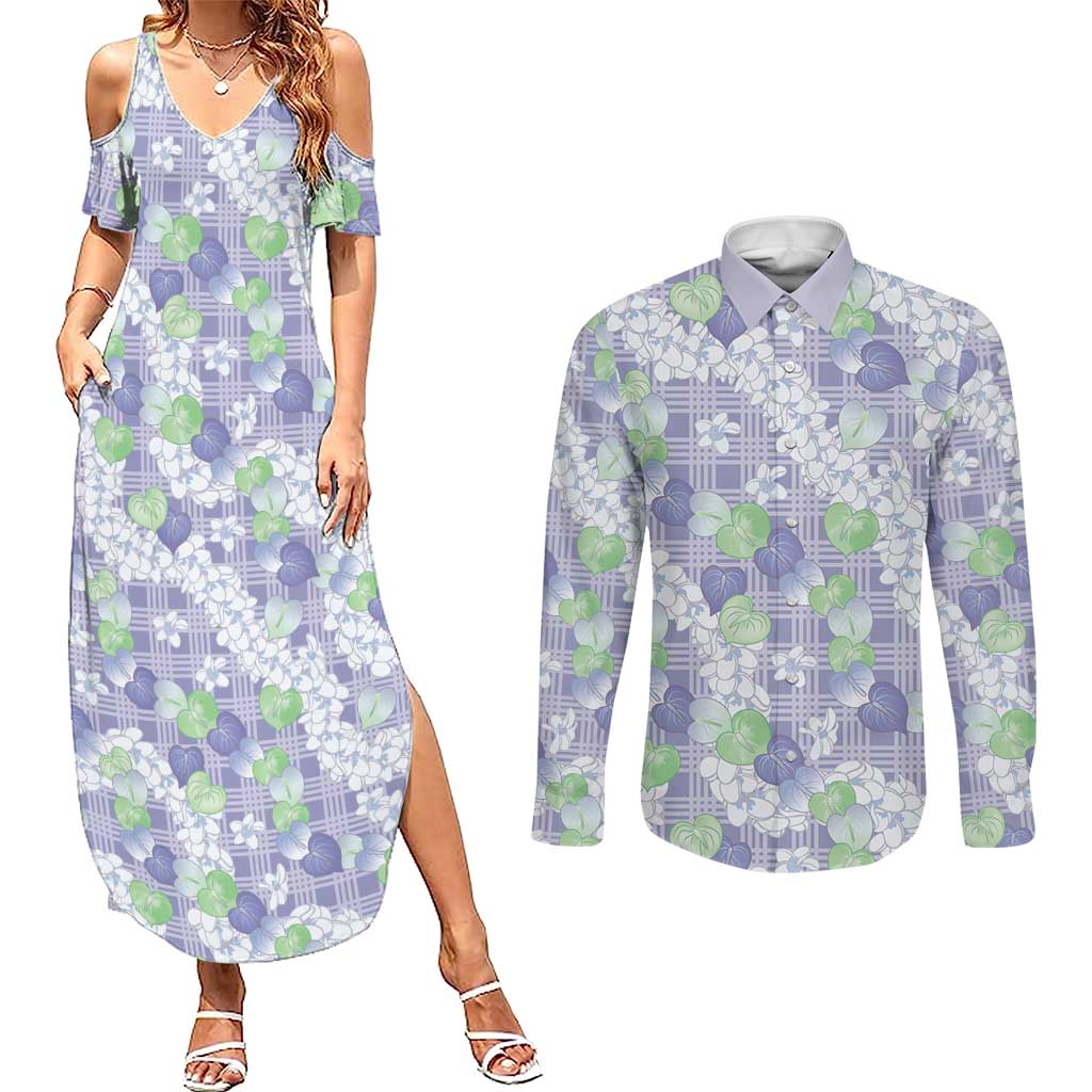 Anthurium Plumeria Lei Pastel Couples Matching Summer Maxi Dress and Long Sleeve Button Shirt Purple Hawaiian Splendid Palaka LT01 Purple - Polynesian Pride