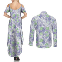 Anthurium Plumeria Lei Pastel Couples Matching Summer Maxi Dress and Long Sleeve Button Shirt Purple Hawaiian Splendid Palaka LT01 - Polynesian Pride