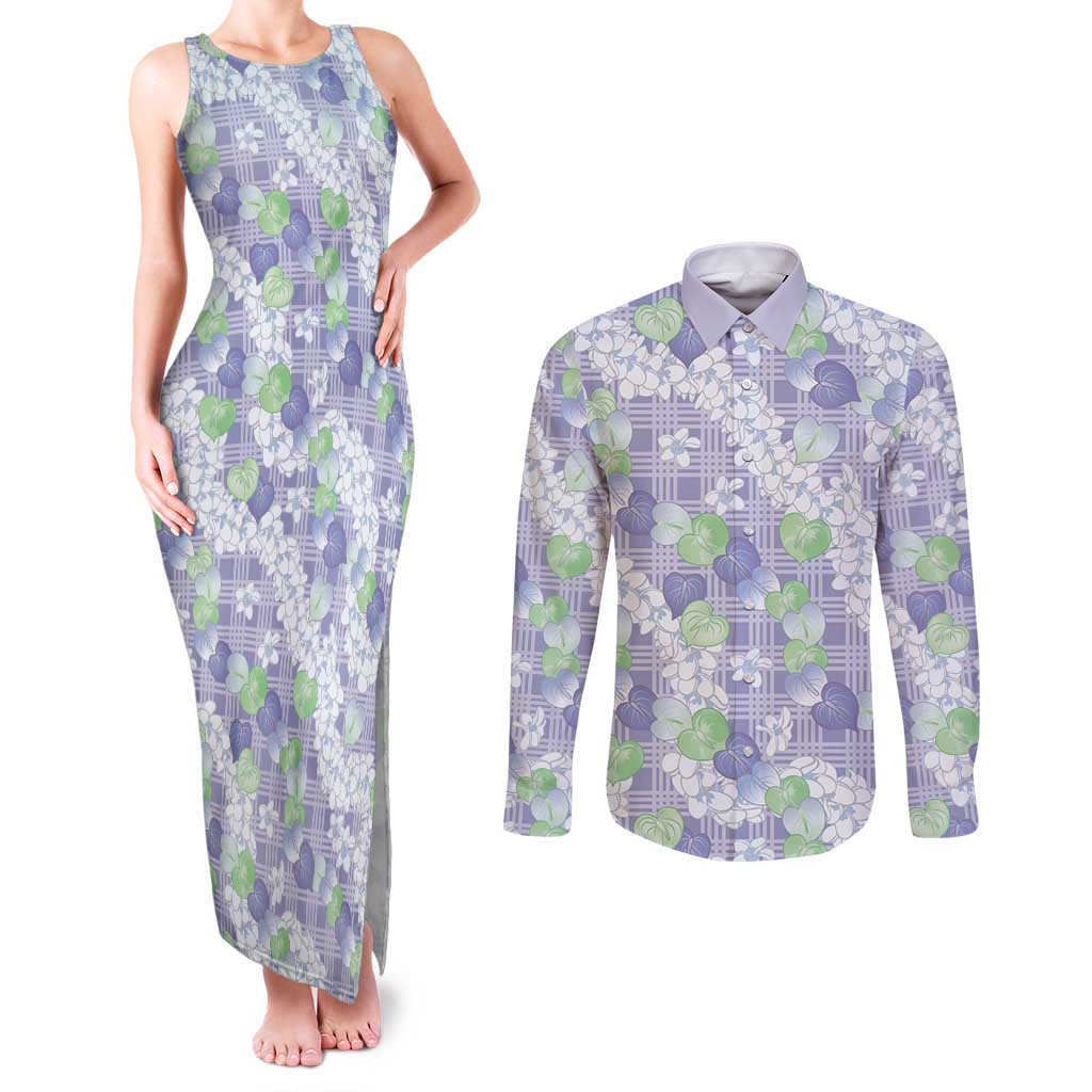 Anthurium Plumeria Lei Pastel Couples Matching Tank Maxi Dress and Long Sleeve Button Shirt Purple Hawaiian Splendid Palaka LT01 Purple - Polynesian Pride