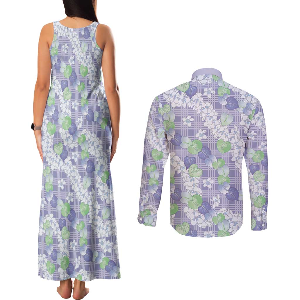 Anthurium Plumeria Lei Pastel Couples Matching Tank Maxi Dress and Long Sleeve Button Shirt Purple Hawaiian Splendid Palaka LT01 - Polynesian Pride