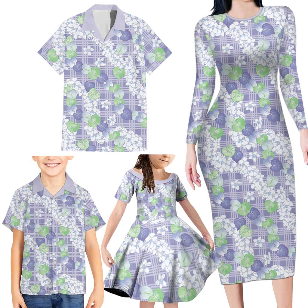 Anthurium Plumeria Lei Pastel Family Matching Long Sleeve Bodycon Dress and Hawaiian Shirt Purple Hawaiian Splendid Palaka