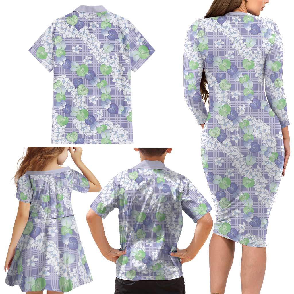 Anthurium Plumeria Lei Pastel Family Matching Long Sleeve Bodycon Dress and Hawaiian Shirt Purple Hawaiian Splendid Palaka LT01 - Polynesian Pride
