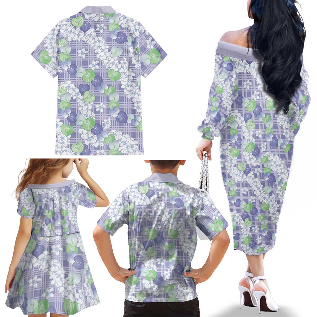 Anthurium Plumeria Lei Pastel Family Matching Off The Shoulder Long Sleeve Dress and Hawaiian Shirt Purple Hawaiian Splendid Palaka LT01 - Polynesian Pride