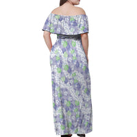 Anthurium Plumeria Lei Pastel Off Shoulder Maxi Dress Purple Hawaiian Splendid Palaka