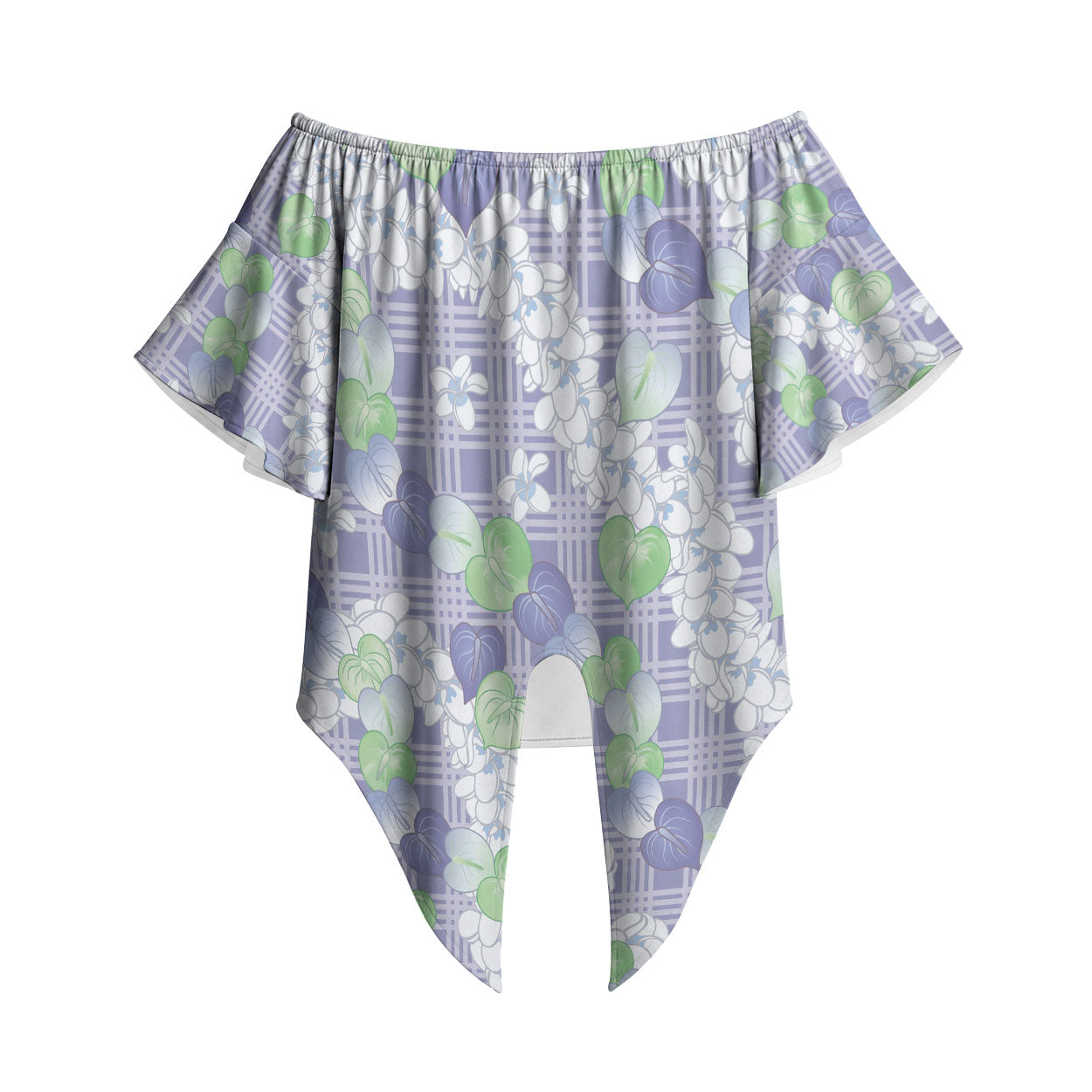 Anthurium Plumeria Lei Pastel Off Shoulder Wrap Waist Top Purple Hawaiian Splendid Palaka LT01 Purple - Polynesian Pride
