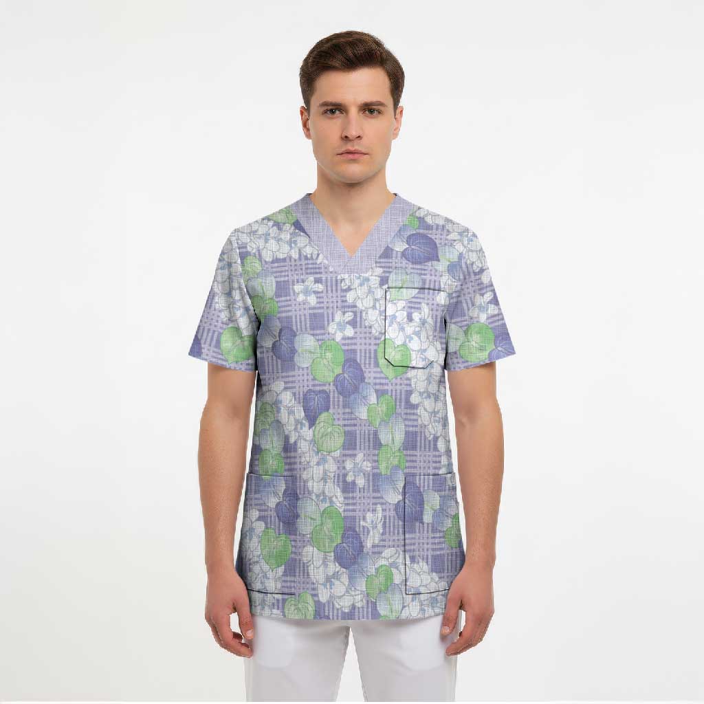 Anthurium Plumeria Lei Pastel Scrub Top Purple Hawaiian Splendid Palaka