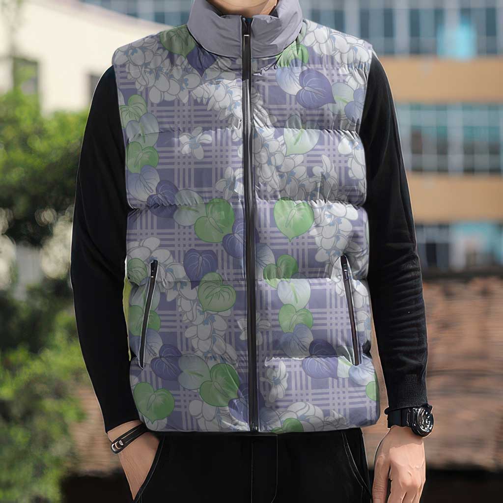 Anthurium Plumeria Lei Pastel Sleeveless Puffer Jacket Purple Hawaiian Splendid Palaka