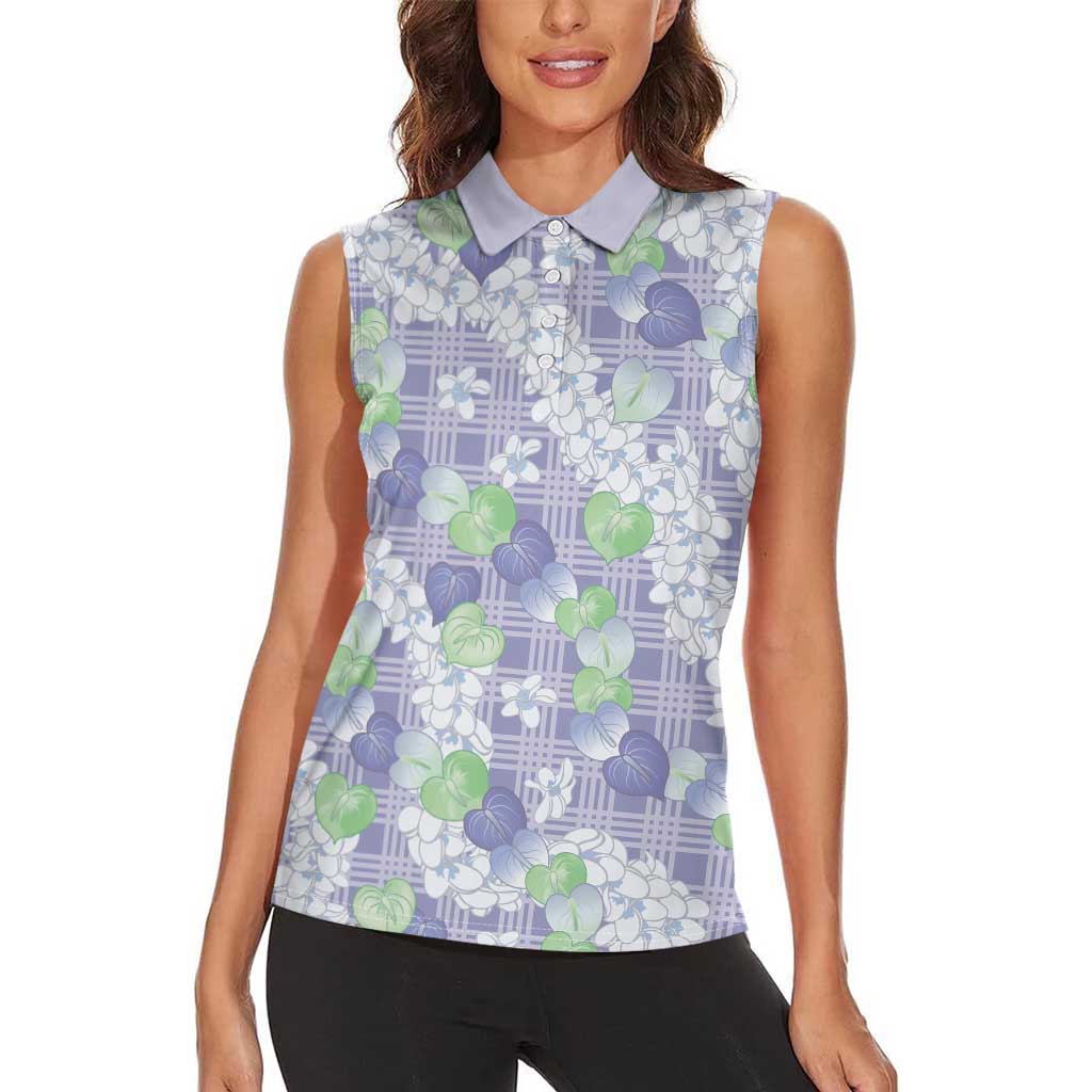 Anthurium Plumeria Lei Pastel Women Sleeveless Polo Shirt Purple Hawaiian Splendid Palaka LT01 - Polynesian Pride