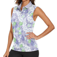 Anthurium Plumeria Lei Pastel Women Sleeveless Polo Shirt Purple Hawaiian Splendid Palaka LT01 - Polynesian Pride