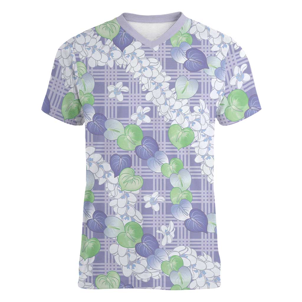 Anthurium Plumeria Lei Pastel Women V-Neck T-Shirt Purple Hawaiian Splendid Palaka LT01 Female Purple - Polynesian Pride