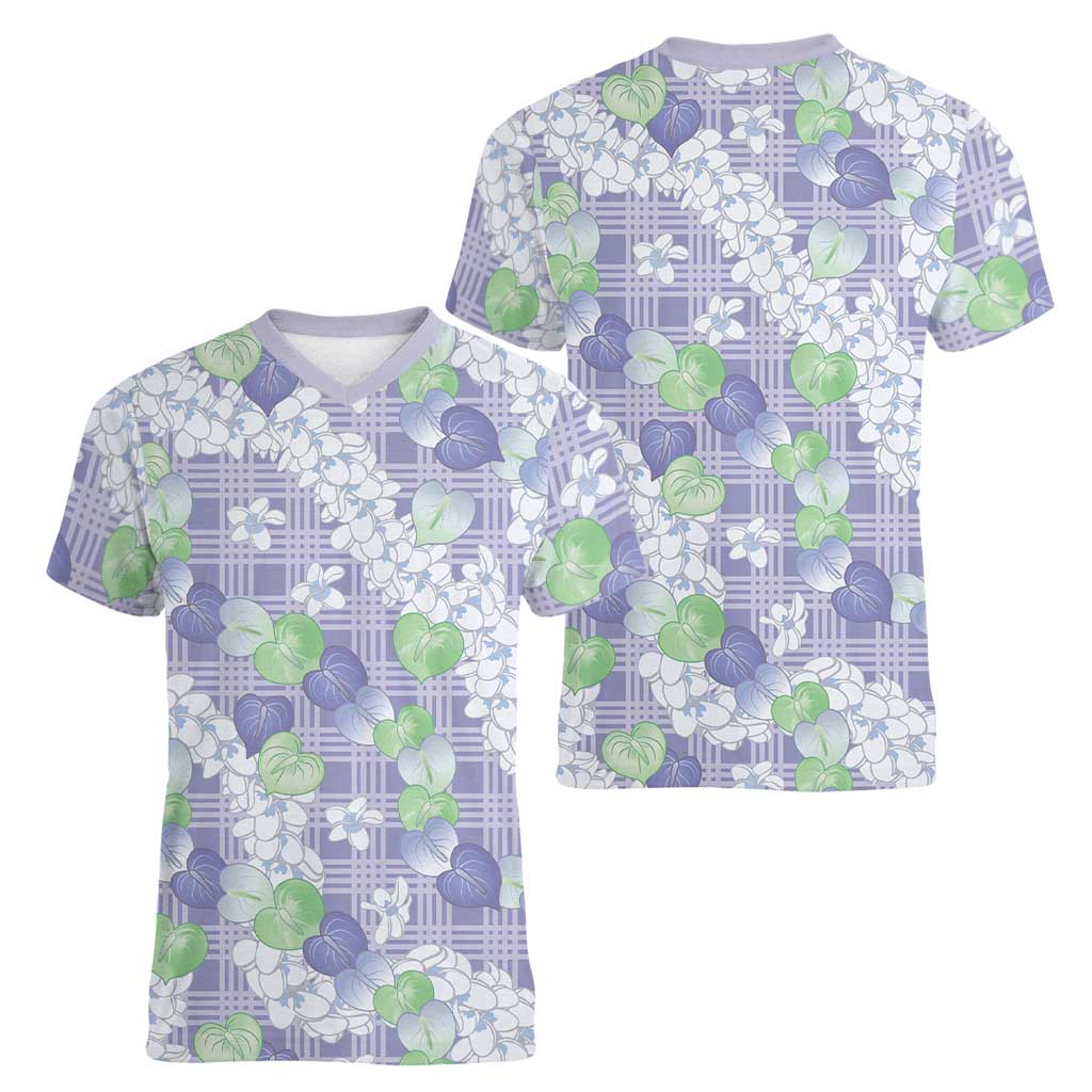 Anthurium Plumeria Lei Pastel Women V-Neck T-Shirt Purple Hawaiian Splendid Palaka LT01 - Polynesian Pride