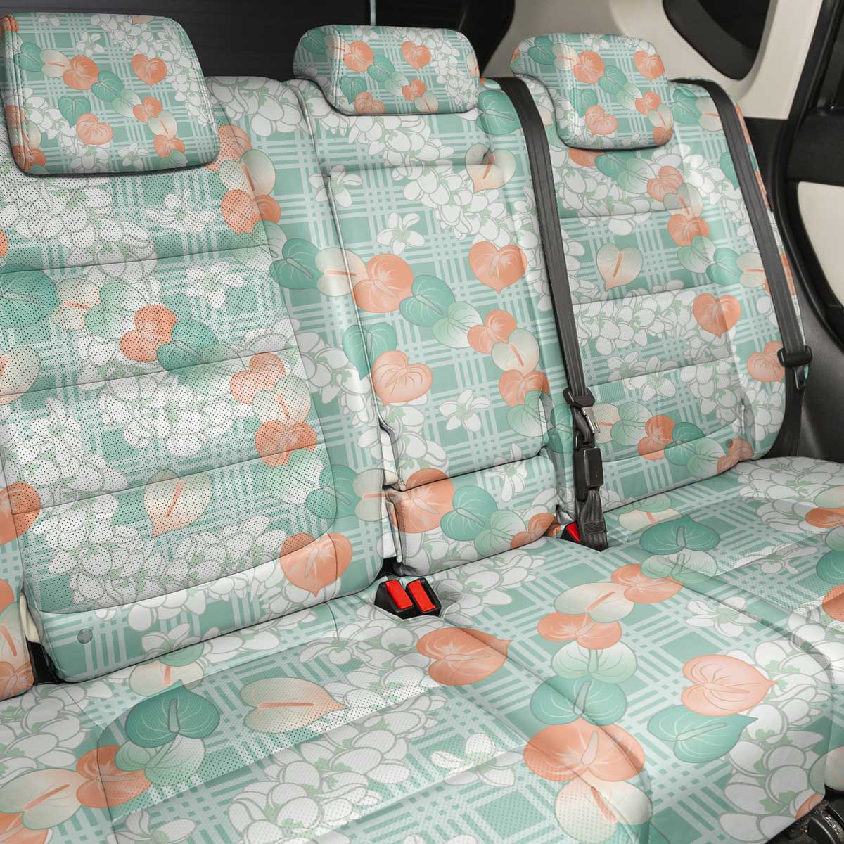 Anthurium Plumeria Lei Pastel Back Car Seat Cover Teal Hawaiian Splendid Palaka LT01 - Polynesian Pride