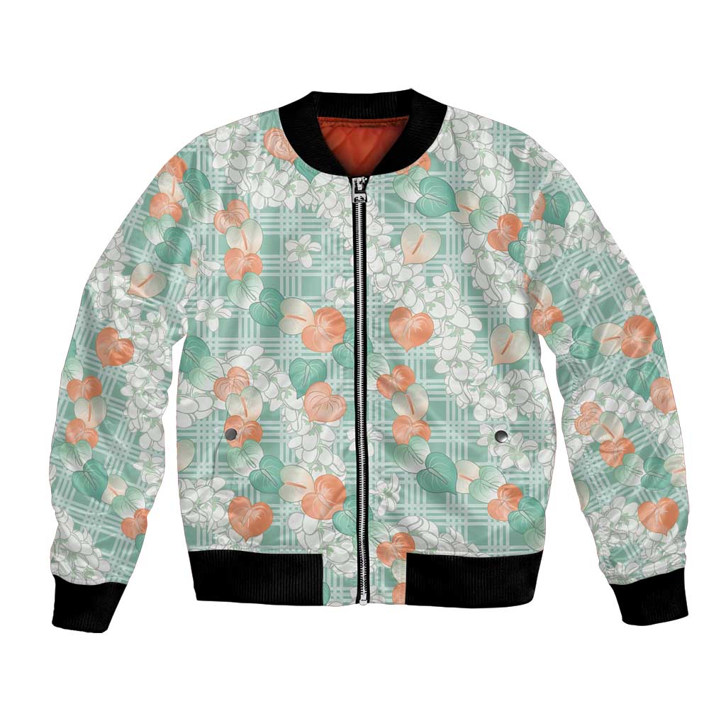 Anthurium Plumeria Lei Pastel Bomber Jacket Teal Hawaiian Splendid Palaka