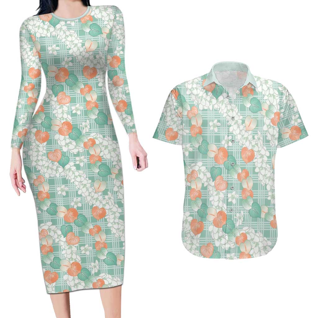 Anthurium Plumeria Lei Pastel Couples Matching Long Sleeve Bodycon Dress and Hawaiian Shirt Teal Hawaiian Splendid Palaka LT01 Teal - Polynesian Pride