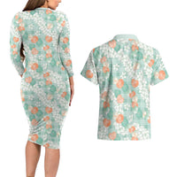 Anthurium Plumeria Lei Pastel Couples Matching Long Sleeve Bodycon Dress and Hawaiian Shirt Teal Hawaiian Splendid Palaka LT01 - Polynesian Pride
