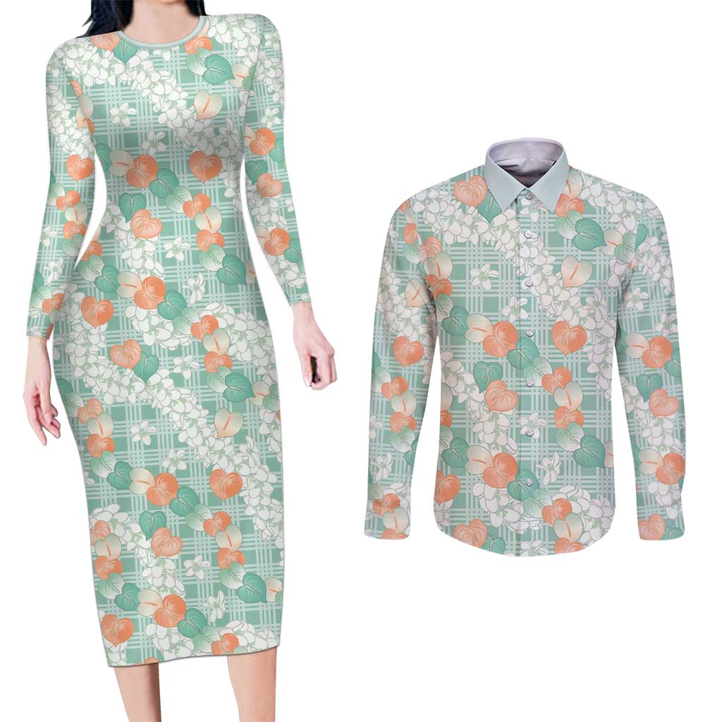 Anthurium Plumeria Lei Pastel Couples Matching Long Sleeve Bodycon Dress and Long Sleeve Button Shirt Teal Hawaiian Splendid Palaka